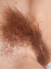 Dennie sensually poses on the bed baring her unshaven pussy.