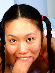 Asian horny teen babe sucking and fucking his hard knob