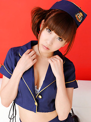 Chihiro Akiha Asian captain in short skirt shows hot cleavage