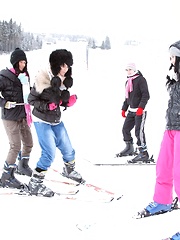 Skiing teenage sweethearts petting cunts at a giant chalet